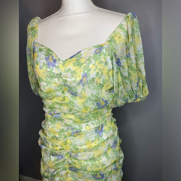 ASOS ruched puff sleeve maxi dress white base yellow blue floral print - Picture 8 of 15